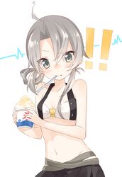  ! !! absurdres ahoge asymmetrical_hair bare_shoulders bikini blush bowl brain_freeze closed_mouth collarbone commentary_request drinking_straw eyes_visible_through_hair female flipped_hair food grey_eyes grey_hair highres holding holding_bowl holding_food kantai_collection looking_at_viewer mouth_hold navel nowaki_(kancolle) orqz shaved_ice simple_background solo spoon_straw swept_bangs swimsuit tsurime upper_body utensil_in_mouth waveform white_background 