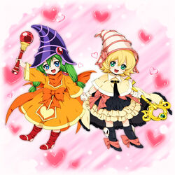  2girls bad_id bad_pixiv_id black_legwear blonde_hair blue_eyes blush boots bow capelet card_ejector chiyo_(no3baki) dress duel_monster gagaga_sister gloves green_eyes green_hair hat heart holding_hands long_hair multiple_girls open_mouth photoshop_(medium) simple_background skirt skull smile staff white_gloves witch_hat wizard_hat yu-gi-oh! yuri 