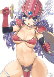  armor bikini_armor blue_eyes breasts cleavage commentary_request dragon_quest dragon_quest_iii drill_hair elbow_gloves female gloves helmet kiya_shii large_breasts loincloth long_hair looking_at_viewer navel open_mouth pauldrons photoshop_(medium) purple_hair red_armor shield shoulder_armor soldier_(dq3) solo sword underboob weapon winged_helmet 