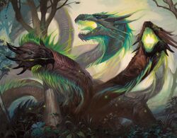  6_heads detailed_background duo european_mythology feral forest glowing greek_mythology hasbro horn hydra long_neck looking_away lucas_graciano magic:_the_gathering multi_head mythology official_art open_mouth outside plant scalie spines tree wizards_of_the_coast 