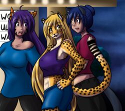  amber_eyes animal_humanoid anthro big_breasts black_stripes blonde_hair blue_(yosh) blue_eyes blue_hair bottomwear breasts brown_eyes cat_humanoid cheetah clothed clothing domestic_cat facial_markings felid felid_humanoid feline feline_humanoid felis female fur group hair head_markings hi_res huge_breasts human humanoid kate_summers long_hair looking_at_viewer mammal mammal_humanoid markings mihari open_mouth orange_body orange_fur purple_hair sageofotherworlds shirt shorts smile spots stripes topwear white_body white_fur yellow_body yellow_fur yosh!_comics 