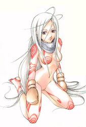  albino bodysuit breasts collar colored_eyelashes commentary_request deadman_wonderland female gloves long_hair mamao mittens red_eyes shiro_(deadman_wonderland) skin_tight solo white_hair 