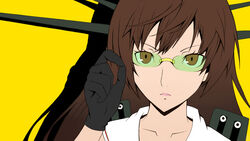  brown_hair choukai_(kancolle) commentary_request female glasses gloves hair_ornament highres kantai_collection long_hair looking_at_viewer parody persona persona_4 rimless_eyewear school_uniform solo tnk_(p_freaks) 