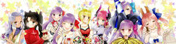  6+girls bb_(fate) bb_(fate/extra) black_hair blonde_hair commentary_request elizabeth_bathory_(fate) elizabeth_bathory_(fate/extra_ccc) elizabeth_bathory_(second_ascension)_(fate) fate/extra fate/extra_ccc fate_(series) highres horns kokemomomi matou_sakura matou_sakura_(fate/extra) meltryllis_(fate) multiple_girls nero_claudius_(fate) nero_claudius_(fate/extra) nero_claudius_(modern_costume_of_crimson)_(fate) passionlip_(fate) purple_hair rani_viii tamamo_(fate) tamamo_no_mae_(fate/extra) tamamo_no_mae_(sexy_bikini)_(fate) tohsaka_rin tohsaka_rin_(fate/extra) wide_image 