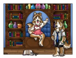  4_toes anthro barefoot book canid canine canis claws clothed clothing collie digitigrade domestic_dog duo feet female herding_dog kalika-tybera library male mammal paper_dolls pastoral_dog scissors sheepdog toes vase 