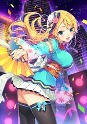  angelic_angel ayase_eli bad_id bad_pixiv_id black_thighhighs blonde_hair blue_eyes blush bow commentary_request detached_sleeves female from_behind hair_ornament hair_ribbon hand_fan japanese_clothes kimono kimono_skirt leg_ribbon long_hair looking_at_viewer looking_back love_live! love_live!_school_idol_project natsu_natsuna open_mouth ribbon skirt smile solo thigh_ribbon thighhighs thighs zettai_ryouiki 