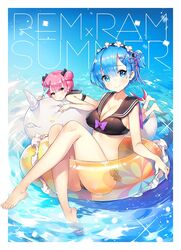  2girls alternate_hairstyle ayamy bare_legs barefoot bikini black_bikini blue_eyes blue_hair bow breasts character_doll cleavage closed_mouth commentary_request double_bun hair_bun hair_ornament hairband hairbow hakugei_(re:zero) innertube lolita_hairband looking_at_viewer medium_breasts multiple_girls objectification pink_eyes pink_hair ram_(re:zero) re:zero_kara_hajimeru_isekai_seikatsu reclining rem_(re:zero) sailor_bikini sailor_collar short_hair siblings sisters smile soaking_feet swim_ring swimsuit twins water x_hair_ornament 