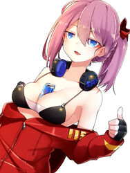  :d bare_shoulders between_breasts bikini bikini_top_only black_bikini black_gloves blue_eyes bow braid breasts cleavage collarbone commentary_request drawstring female fingerless_gloves gloves hair_between_eyes hairbow headphones headphones_around_neck highres jacket khibiki long_sleeves medium_breasts off_shoulder open_mouth original photoshop_(medium) purple_hair red_bow red_bull red_jacket simple_background smile solo swimsuit thumbs_up upper_body white_background 