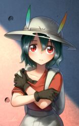  alpha_transparency alternate_eye_color artist_name backpack bag black_gloves blush collarbone commentary crossed_arms english_text female frown gloves green_hair hair_between_eyes hat hat_feather highres kaban_(kemono_friends) kemono_friends looking_at_viewer red_eyes red_shirt shirt short_hair short_sleeves signature solo thumbnail_surprise upper_body welt_(kinsei_koutenkyoku) white_hat 