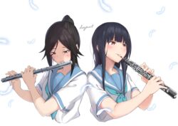  2girls black_hair blue_eyes blue_hair blue_neckerchief blue_sailor_collar blush commentary dark_blue_hair feathers flute hibike!_euphonium highres holding holding_instrument instrument kasaki_nozomi kitauji_high_school_uniform ky_(ky990533) liz_to_aoi_tori long_hair multiple_girls music neckerchief oboe open_mouth parted_lips playing_instrument ponytail red_eyes sailor_collar school_uniform serafuku shirt simple_background white_background white_shirt yoroizuka_mizore yuri 