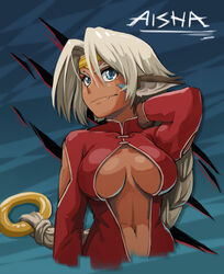  aisha_clanclan alternate_costume animal_ears bad_deviantart_id bad_id bankage blue_eyes braid breasts cat_ears center_opening character_name circlet commentary dark-skinned_female dark_skin english_commentary eyebrows facial_mark female large_breasts long_hair navel no_bra oerba_yun_fang outlaw_star silver_hair single_braid solo underboob upper_body 