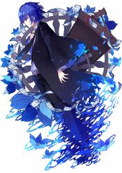  1boy akutoku_no_judgement_(vocaloid) bad_id bad_pixiv_id belt black_necktie blood blood_stain blue_eyes blue_fire blue_hair blue_nails burning dissolving evillious_nendaiki fire gallerian_marlon gavel kaito_(vocaloid) lyodi male_focus marlon_spoon money nail_polish necktie solo spoon vessel_of_sin vocaloid wheel_of_dharma 