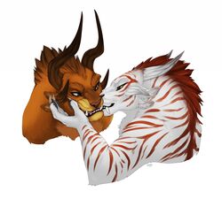  4_ears anthro charr claws dagos duo fangs felid female flat_chested fur guild_wars hair horn hug male mammal mane multi_ear simple_background stripes tan_body tan_fur teeth white_body white_eyes white_fur yellow_eyes 