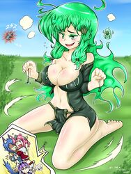  4girls breasts cleavage cloud commentary_request day genderswap_(mtf) giant giantess green_hair highres hug lantern large_breasts league_of_legends long_hair multiple_girls navel open_mouth pink_hair rek&#039;sai rule_63 thresh_(league_of_legends) vilde_loh_hocen volibear warwick weapon 