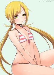  akky_(akimi1127) bare_shoulders between_legs bikini blonde_hair blush breasts closed_mouth collarbone female female kantai_collection long_hair looking_at_viewer navel satsuki_(kantai_collection) simple_background sitting small_breasts smile solo swimsuit twintails yellow_eyes 