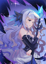  blue_eyes breasts cleavage commentary_request cowboy_shot dakun dress female gown grey_hair gwendolyn_(odin_sphere) long_hair looking_away medium_breasts odin_sphere photoshop_(medium) solo sparkle staff wings 