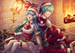  1boy :d arm_support armor ascot back-to-back blue_eyes blue_hair boots bow box brother_and_sister brown_gloves commentary_request corset eirika_(fire_emblem) eirika_(winter)_(fire_emblem) ephraim_(fire_emblem) ephraim_(winter)_(fire_emblem) female fire fire_emblem fire_emblem:_the_sacred_stones floating_hair fur-trimmed_gloves fur-trimmed_headwear fur-trimmed_sleeves fur_trim gift gift_box gloves green_bow green_hair hair_between_eyes hat holding holding_staff kai-yan long_hair long_sleeves looking_at_viewer miniskirt open_mouth pants pleated_skirt red_ascot red_bow red_footwear red_gloves red_hat red_pants red_shirt santa_boots santa_costume santa_gloves santa_hat shirt short_sleeves shoulder_armor siblings skirt smile staff striped striped_bow thighhighs very_long_hair white_legwear white_shirt white_skirt zettai_ryouiki 