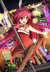  animal_ears bare_shoulders bunny_ears bunny_outfit female fishnet_pantyhose pole_dancing red_eyes red_hair shakugan_no_shana shana solo 