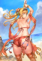  aos armpits arms_up ass back bangle beach bikini blonde_hair blue_eyes blue_sky bracelet braid breasts butt_crack cameltoe cloud commentary_request day dutch_angle earrings eyewear_on_head female floating_hair flower from_behind granblue_fantasy hair_flower hair_ornament hairband halterneck hibiscus highres jewelry large_breasts light_smile long_hair looking_at_viewer looking_back ocean official_alternate_costume outdoors polearm red_bikini rock shawl shoulder_blades side-tie_bikini_bottom sideboob sky solo string_bikini sunglasses swimsuit tassel thigh_strap thighs trefoil twintails weapon wind zeta_(granblue_fantasy) zeta_(summer)_(granblue_fantasy) 