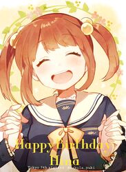  :d ^_^ bad_id bad_twitter_id character_name closed_eyes copyright_name facing_viewer female hair_bobbles hair_ornament happy_birthday holding_hands open_mouth out_of_frame saeki_hina sakura_yuki_(clochette) school_uniform serafuku smile solo_focus tokyo_7th_sisters twitter_username 