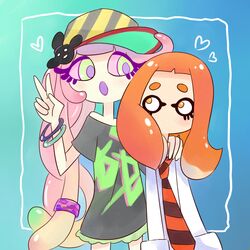  1:1 accessory aipiepo animal_humanoid anthozoan anthozoan_humanoid blush bracelet cephalopod cephalopod_humanoid clothing cnidarian cnidarian_humanoid duo female gesture green_eyes hair hair_accessory hairclip hand_gesture harmony_(splatoon) hat headgear headwear heart_symbol humanoid inkling inkling_girl jewelry marine marine_humanoid mollusk mollusk_humanoid mouthless namida_(splatoon) necktie nintendo open_mouth orange_eyes orange_hair pink_sclera pseudo_hair sea_anemone_humanoid splatoon squid_squad tentacle tentacle_hair thin_thighs v_sign 