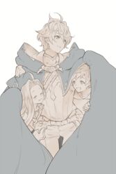  2boys ahoge blue_eyes brown_eyes cape closed_eyes commentary_request dress female fighter_(granblue_fantasy) gran_(granblue_fantasy) granblue_fantasy gucha_(netsu) hood hoodie long_hair looking_at_another lyria_(granblue_fantasy) monochrome multiple_boys parted_lips romeo_(granblue_fantasy) shared_cape shared_clothes short_hair simple_background smile white_background 