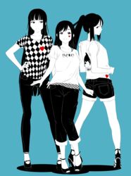  3girls animal_print azalea_(love_live!) blue_background blunt_bangs capri_pants checkered_clothes checkered_shirt commentary_request denim denim_shorts facial_mark fish_print full_body hand_on_own_hip heart high_heels jeans kimikagem9_(erementargerad) kunikida_hanamaru kurosawa_dia limited_palette long_hair looking_at_viewer looking_back love_live! love_live!_sunshine!! matsuura_kanan mole mole_under_mouth multiple_girls pants pants_rolled_up ponytail pose shirt shorts shorts_rolled_up simple_background smile spot_color standing swept_bangs very_long_hair 