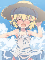  bad_id bad_pixiv_id bare_shoulders blonde_hair blush closed_eyes day double_bun dress female flat_chest hair_bun hat kounosu_satori oerba_yun_fang open_mouth smile solo straw_hat sundress sweat viprpg white_dress 