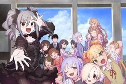  1boy 6+girls :3 ahoge anastasia_(idolmaster) black_hair blonde_hair blue_eyes blush brown_eyes brown_hair cardigan closed_eyes commentary_request drill_hair formal futaba_anzu gothic_lolita green_eyes grey_hair hair_ornament hair_over_one_eye hairband hairclip honda_mio hood hooded_track_jacket idolmaster idolmaster_cinderella_girls jacket jougasaki_rika kanzaki_ranko kohinata_miho koshimizu_sachiko lolita_fashion long_hair moroboshi_kirari multiple_girls nametake necktie one_side_up open_mouth pantyhose photoshop_(medium) producer_(idolmaster) producer_(idolmaster_cinderella_girls_anime) purple_hair red_eyes sakuma_mayu school_uniform shibuya_rin shimamura_uzuki shirasaka_koume shirt short_hair smile striped_clothes striped_shirt suit sweater_vest track_jacket twin_drills twintails two_side_up 