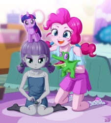  2girls age_difference alligator blue_eyes grey_skin hair_tie maud_pie multiple_girls my_little_pony my_little_pony_equestria_girls my_little_pony_friendship_is_magic personification pink_hair pink_skin pinkie_pie_(mlp) puppet purple_hair short_twintails sisters socks stone stuffed_toy twilight_sparkle_(mlp) uotapo younger 