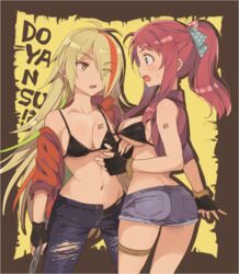  2girls ahoge alternate_hairstyle antenna_hair ass azuki_(aduki) bad_id bad_twitter_id bikini bikini_top_only bikini_under_clothes black_bikini black_gloves blonde_hair blue_bow blue_eyes blue_pants blue_shorts blush body_writing bow breasts cleavage commentary_request cropped_jacket cutoff_jeans cutoffs earrings english_text eyes_visible_through_hair fingerless_gloves gloves hair_down hair_ornament hair_over_one_eye hair_ribbon hairbow jacket jewelry large_breasts light_green_hair long_hair medium_breasts minamoto_sakura multicolored_hair multiple_girls navel nikaidou_saki off_shoulder open_clothes open_jacket open_mouth orange_hair orange_jacket pants pink_bow polka_dot polka_dot_bow ponytail profile red_hair red_jacket ribbon short_shorts shorts sleeveless sleeveless_jacket strap_pull streaked_hair stud_earrings swimsuit thigh_strap torn_clothes torn_pants translated unbuttoned yellow_eyes zombie_land_saga 