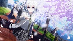  ai_(re:lief) blue_eyes cherry_blossoms dress grass group long_hair male mhlia_blanco park petals rask re:lief_~shin&#039;ai_naru_anata_e~ seifuku short_hair skirt tagme tagme_(artist) tie white_hair yuu_(re:lief) 