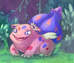  2016 ambiguous_gender blue_body bulbasaur claws delta_bulbasaur delta_pokemon_(pokemon_insurgence) detailed_background digital_media_(artwork) digital_painting_(artwork) fakemon feathers feral flower generation_1_pokemon grass morningstar_(artist) nintendo outside pink_body plant pokemon pokemon_(species) pokemon_insurgence red_body signature solo vines white_body white_feathers 