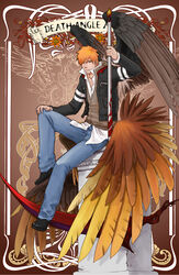  1boy alex_mercer alex_mercer_(cosplay) bleach commentary cosplay denim graphite_(medium) highres jeans kurosaki_ichigo male_focus orange_hair pants photoshop_(medium) prototype_(game) scythe shizhi_zhuzbe sitting traditional_media typo wings 