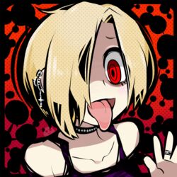  :p bags_under_eyes bare_shoulders blonde_hair choker ear_piercing earrings female hair_over_one_eye idolmaster idolmaster_cinderella_girls jewelry kafuka5364 piercing red_eyes ring screentones shirasaka_koume short_hair solo spaghetti_strap tongue tongue_out upper_body 