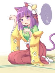  animal_ears blush cat_ears cat_tail commentary_request dadamori embarrassed female floral_print flower hair_flower hair_ornament hieda_no_akyuu indoors japanese_clothes kemonomimi_mode kimono looking_at_viewer nyan open_mouth paw_pose purple_eyes purple_hair shadow short_hair simple_background sitting solo speech_bubble tail tatami touhou translated wariza white_background 