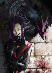  ae_(alter-c) bad_id bad_pixiv_id bell black_gloves blood braid brick_wall chikujouin_magane earrings female gloves grin hair_bell hair_ornament highres jewelry long_hair photoshop_(medium) purple_hair re:creators school_uniform serafuku sharp_teeth single_braid smile solo teeth torii_earrings 