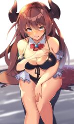  bad_id bad_pixiv_id bare_shoulders bikini black_bikini bow bowtie breasts brooch brown_eyes brown_hair cleavage collarbone detached_collar draph eyebrows female forte_(shingeki_no_bahamut) granblue_fantasy hair_between_eyes halterneck highres horns jewelry large_breasts long_hair looking_at_viewer navel red_bow red_bowtie shingeki_no_bahamut simple_background sitting solo swimsuit tareme ultone_(neisiss) very_long_hair 