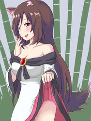  animal_ears bamboo bamboo_forest bare_shoulders blue_background breasts brooch brown_hair claws cleavage clothes_lift collarbone commentary_request dadamori dress female forest hand_on_own_face imaizumi_kagerou jewelry layered_dress lifting_own_clothes long_hair looking_at_viewer medium_breasts nature open_mouth outdoors red_eyes sideways_glance skirt skirt_lift solo strapless strapless_dress tail touhou very_long_hair wolf_ears wolf_tail 