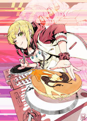  blonde_hair blush breasts cleavage commentary_request dj female food fork green_eyes headphones headphones_around_neck hood hoodie idolmaster idolmaster_cinderella_girls licking_lips looking_at_viewer medium_breasts miyamoto_frederica one_eye_closed pancake phonograph record scrunchie short_hair smile solo tongue tongue_out turntable usui_ryuu wrist_scrunchie 