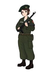  belt beret boots canteen commentary_request female gun hat highres komii military military_uniform original paratrooper pps-43 solo submachine_gun uniform united_states_army weapon 