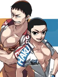  2boys bike_jersey black_eyes black_hair clenched_teeth commentary_request crossed_arms cycling_uniform eyelashes gloves hand_on_own_chest highres horii_hiiragi izumida_touichirou looking_at_viewer male_focus multiple_boys pectorals shaved_head smile staff tadokoro_jin teeth twitter_username yowamushi_pedal 