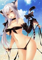  :d absurdres ahoge animal_ears arm_garter bandeau bare_shoulders beach bikini bikini_pull black_bikini black_bow black_choker black_garter blue_sky blush bow bow_bikini bow_choker breasts choker clothes_pull cloud cloudy_sky collarbone cowboy_shot cropped day detached_sleeves eyes_visible_through_hair female fingernails frills grey_hair groin hair_between_eyes hair_ribbon hairbow half-closed_eyes highres kobayashi_yoshitaka large_breasts long_fingernails long_hair looking_at_viewer low_twintails navel non-web_source ocean oerba_yun_fang open_mouth orange_eyes original outdoors pulling_own_clothes ribbon scan side-tie_bikini_bottom sidelocks single_detached_sleeve single_wrist_cuff sky smile solo standing stomach strap_pull strapless strapless_bikini string_bikini swimsuit tail tail_bow tail_ornament thigh_gap tiger_ears tiger_girl tiger_tail toranoana tress_ribbon twintails untied_bikini very_long_hair water wrist_bow wrist_cuffs 