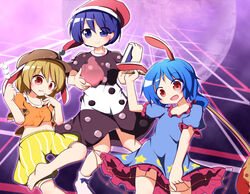  3girls :d animal_ears blob blonde_hair blue_eyes blue_hair book commentary_request dango doremy_sweet dress food frilled_dress frills full_moon hat kine mallet moon multiple_girls navel nightcap open_mouth puffy_short_sleeves puffy_sleeves pumpkin_shorts rabbit_ears red_eyes ringo_(touhou) seiran_(touhou) senba_chidori shirt short_hair short_sleeves skewer smile touhou wagashi 