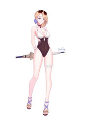  absurdres arms_behind_back artist_name ass_visible_through_thighs azur_lane bare_arms bare_legs bare_shoulders black_choker blonde_hair blue_eyes blue_flower breasts casual_one-piece_swimsuit chinese_commentary choker cleavage closed_mouth closed_umbrella collarbone commentary_request covered_navel eyewear_on_head female flower full_body hair_flower hair_ornament highres holding holding_umbrella hood_(azur_lane) hood_(lady_of_the_shining_sun)_(azur_lane) legs legs_apart looking_at_viewer medium_breasts official_alternate_costume one-piece_swimsuit shoes short_hair simple_background smile solo standing sunglasses swept_bangs swimsuit thigh_strap thighs toeless_footwear toenails toes trudog umbrella white_background 