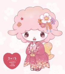  2015 accessory asian_clothing beady_eyes blush bovid bow_(feature) caprine chibi chinese_zodiac clothed clothing daww domestic_sheep east_asian_clothing english_text female flower footwear fur hair_accessory hairclip happy heart_eyes heart_symbol holidays japanese_clothing kemono kimono looking_at_viewer mammal my_sweet_piano new_year onegai_my_melody open_mouth pink_body pink_fur pink_nose plant pyonko sandals sanrio sheep simple_background solo standing text white_background white_body white_skin wool_(fur) year_of_the_goat young 