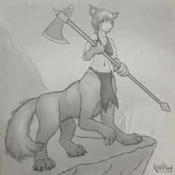  1:1 2019 absurd_res breasts canid canid_taur canine canine_taur canis clothing digital_media_(artwork) female fur hair hi_res holding_object holding_weapon klifflod looking_at_viewer mammal mammal_taur melee_weapon monochrome monster_girl_(genre) navel short_hair signature smile solo standing taur teeth weapon wolf wolf_taur 