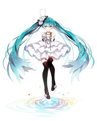  aqua_eyes aqua_hair black_thighhighs commentary_request dress female hatsune_miku jewelry linfi-muu long_hair necklace solo thighhighs twintails very_long_hair vocaloid white_background 