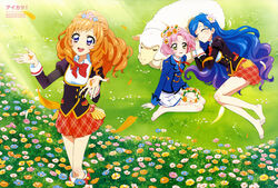  3girls absurdres aikatsu! aikatsu!_(series) animage barefoot blue_eyes blue_hair brown_hair closed_eyes copyright_name dream_academy_school_uniform drill_hair feet flower hair_flower hair_ornament highres himesato_maria imageboard_desourced kazesawa_sora kitaoji_sakura legs long_hair lying mole mole_under_mouth multiple_girls non-web_source official_art on_side open_mouth otsuka_masumi petals pink_hair plaid plaid_skirt sakai_kasumi sato_yuriko scan school_uniform sheep short_hair skirt sleeping smile starlight_academy_school_uniform very_long_hair yellow_eyes 