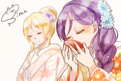  2girls alternate_hairstyle ayase_eli blonde_hair braid closed_eyes commentary_request cup drinking flower hair_bun hair_flower hair_ornament hair_up hiki_furisode japanese_clothes jewelry kimono long_hair love_live! love_live!_school_idol_project multiple_girls purple_hair ring sakazuki shima_(mahirooon) signature simple_background single_braid single_hair_bun smile tojo_nozomi wedding wedding_ring white_background wife_and_wife yuri 